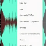 Giao diện WaveEditor trên điện thoại Android, hiển thị quá trình chỉnh sửa âm thanh với thanh điều chỉnh hiệu ứng fade.