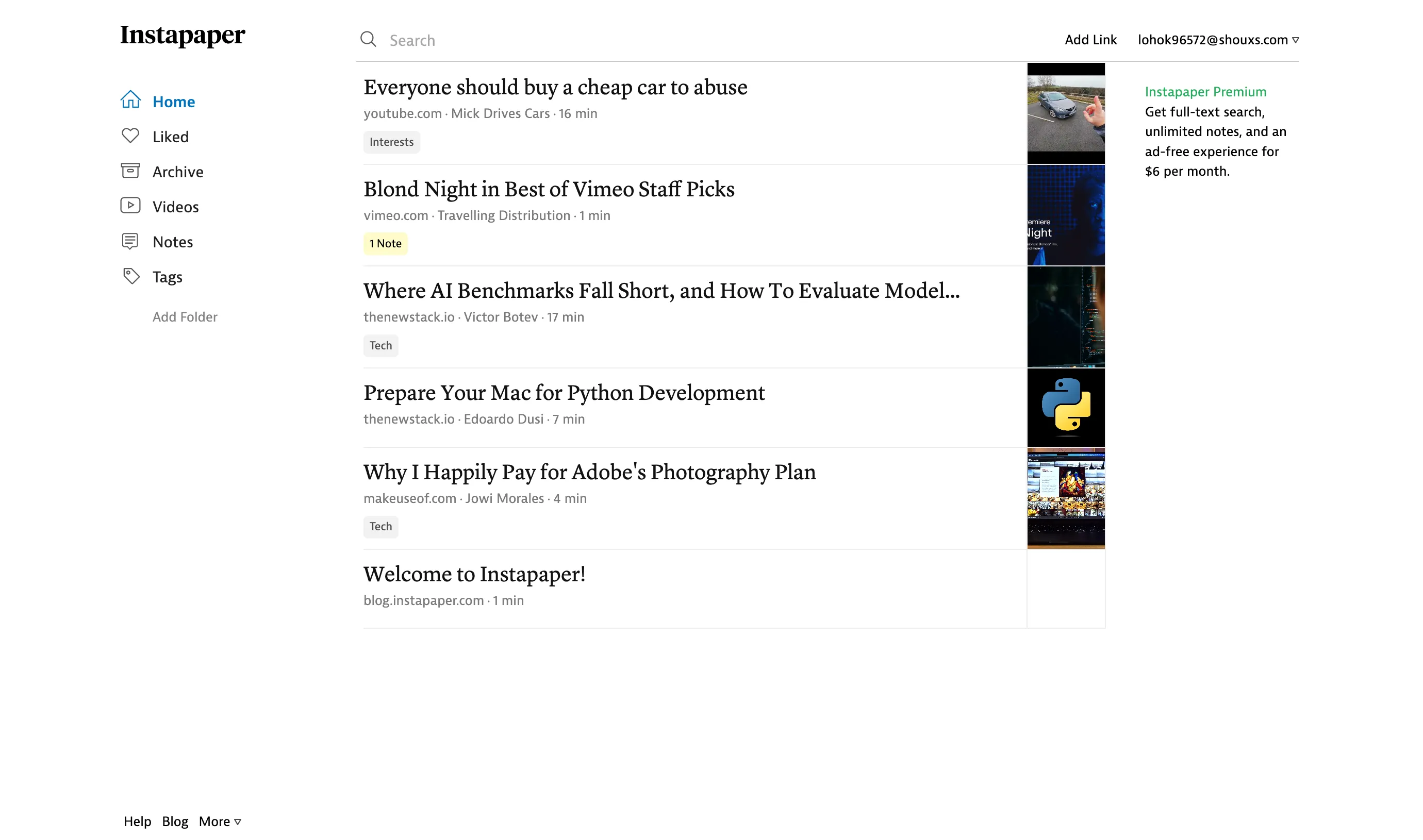 Giao diện web của ứng dụng quản lý dấu trang Instapaper với các bài viết đã lưu để đọc sau.