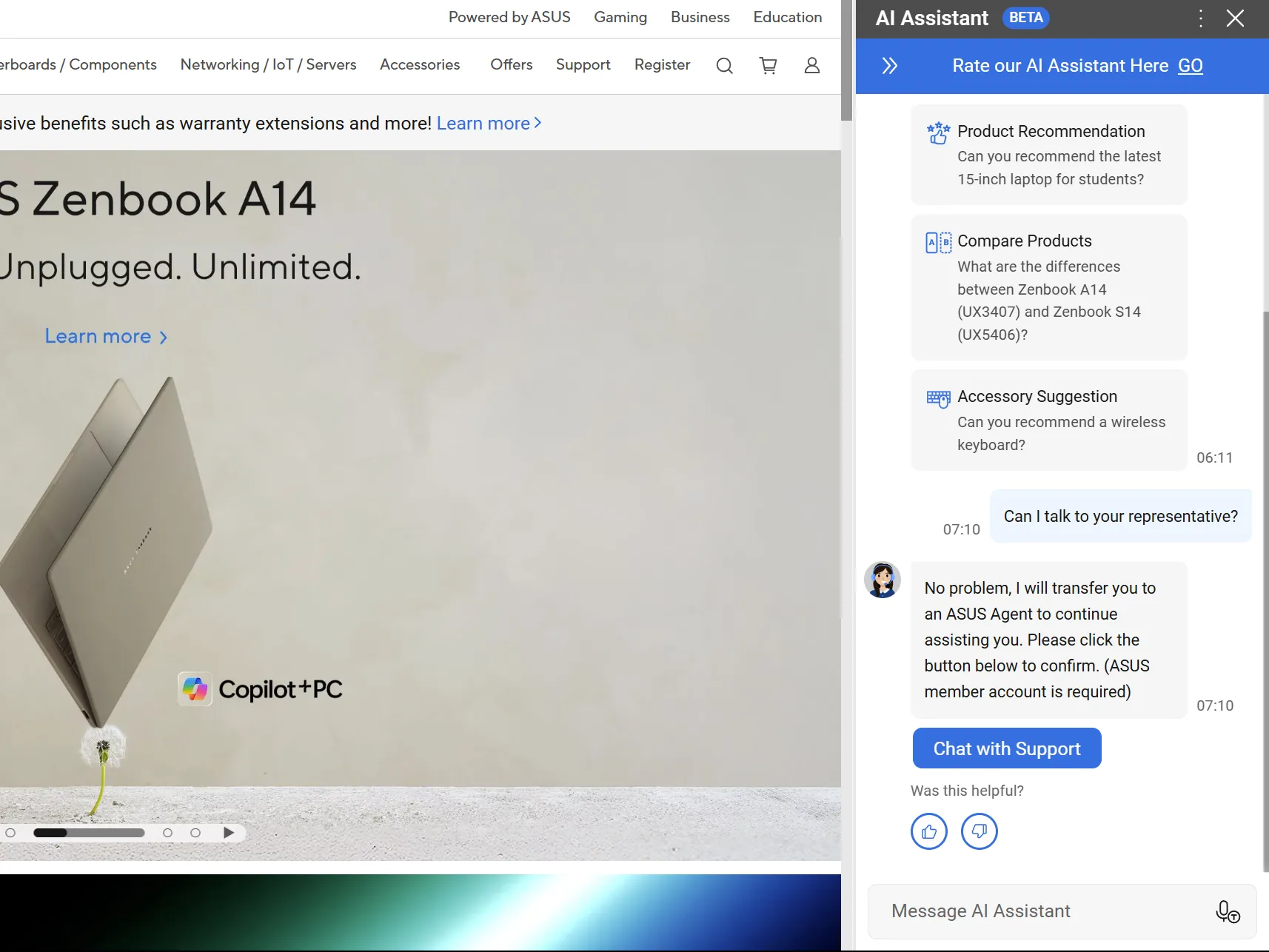 Giao diện website ASUS với cửa sổ trò chuyện hỗ trợ AI, minh họa vị trí chatbot thường thấy.
