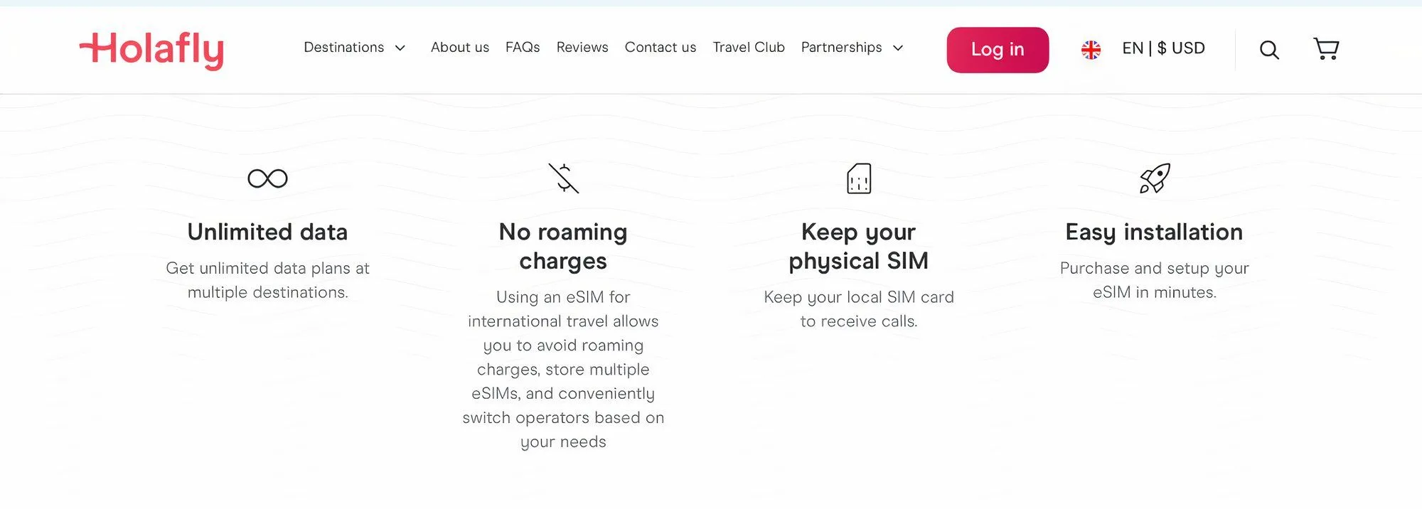 Giao diện website Holafly hiển thị các gói eSIM với tùy chọn data không giới hạn cho du lịch quốc tế.