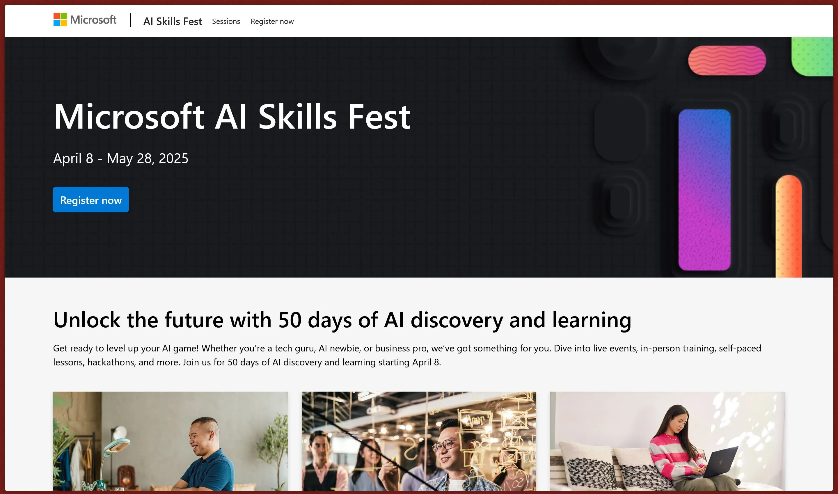 Giao diện website Microsoft AI Skills Fest với thông tin về các khóa học AI miễn phí và sự kiện lập kỷ lục