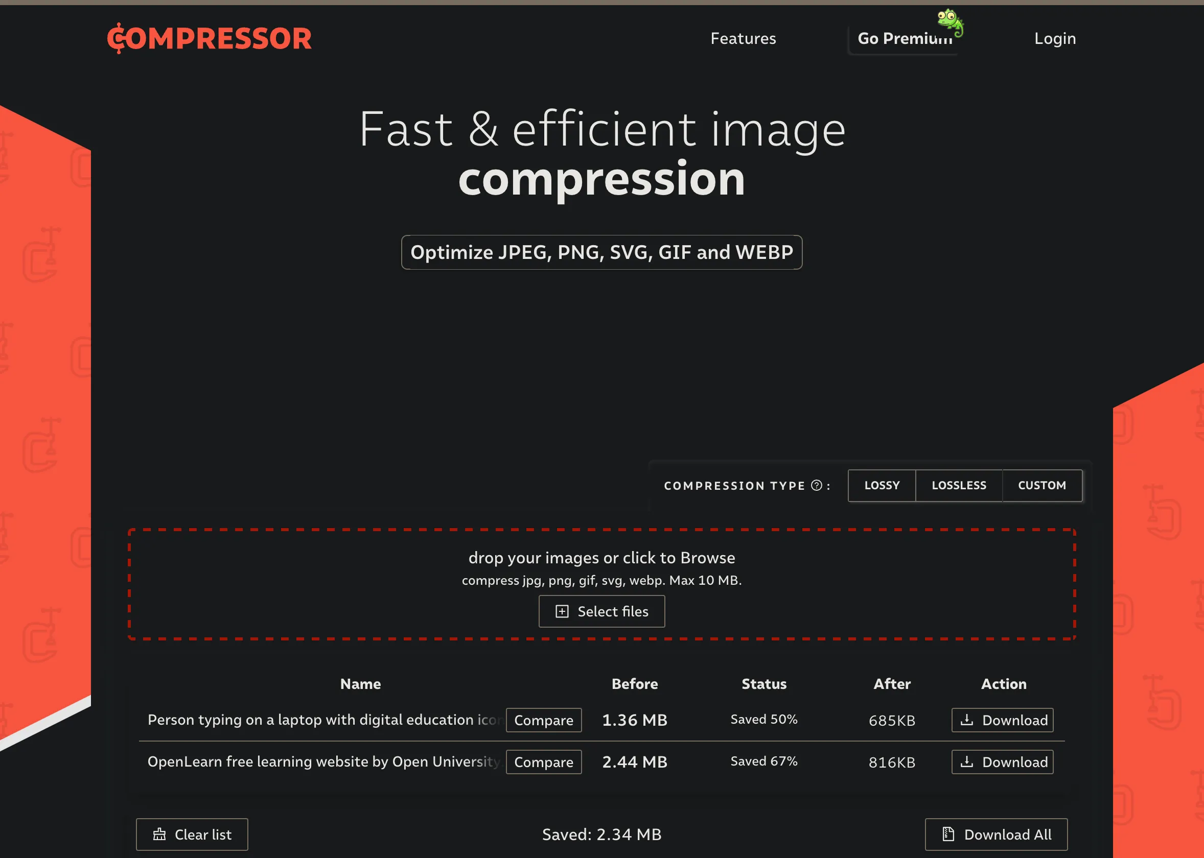 Giao diện website nén ảnh Compressor.io