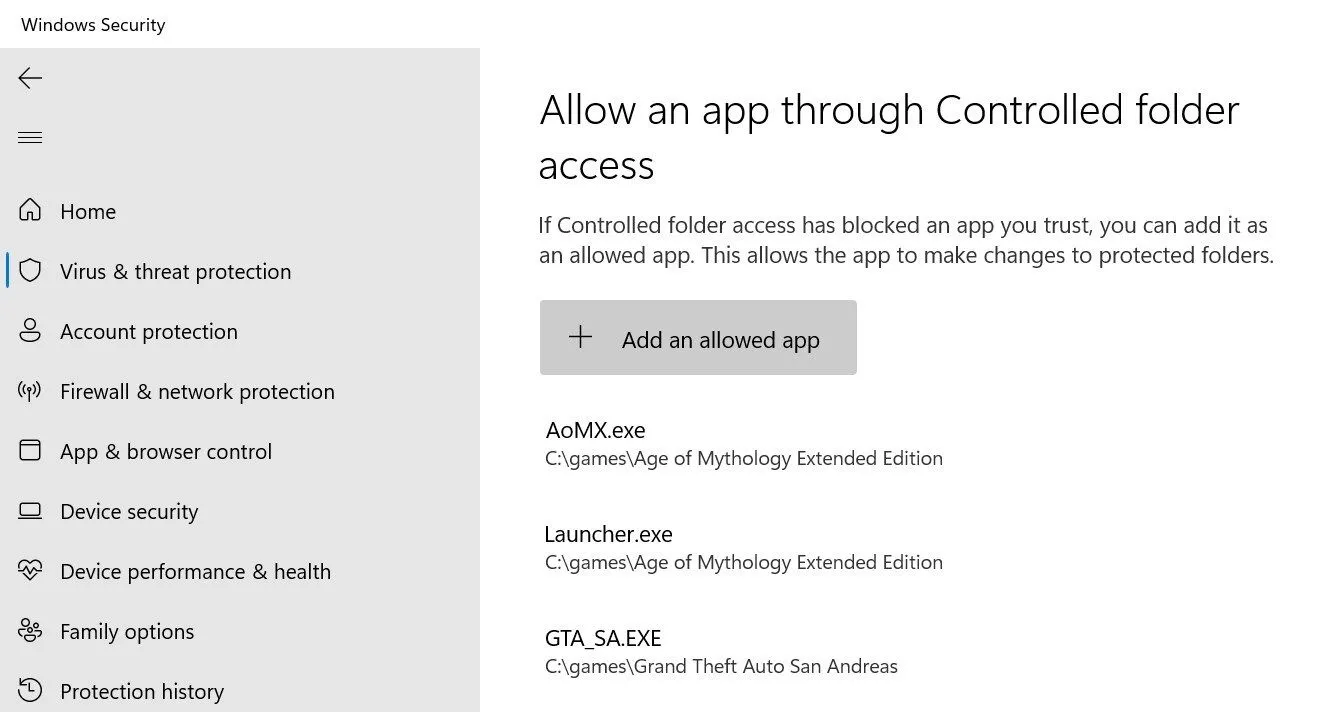 Giao diện Windows Security cho phép ứng dụng thông qua Controlled folder access