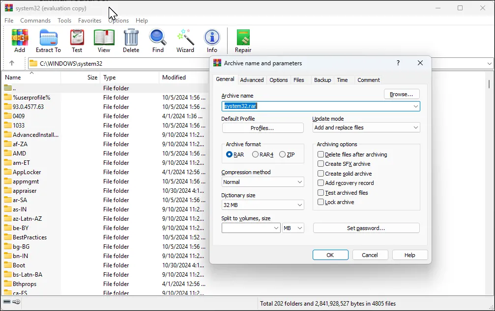 Giao diện WinRAR trên Windows 11 hiển thị hộp thoại nén file với các tùy chọn bảo mật và kích thước