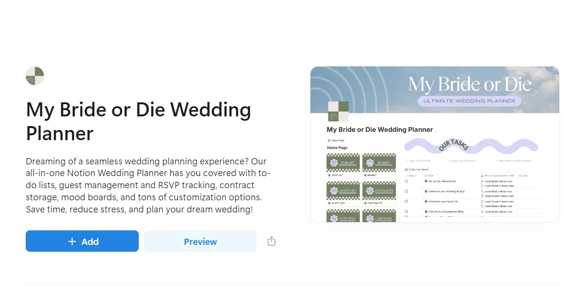 Giao diện xem trước mẫu &quot;Wedding Planner&quot; (Kế hoạch Đám cưới) có sẵn trong Notion.