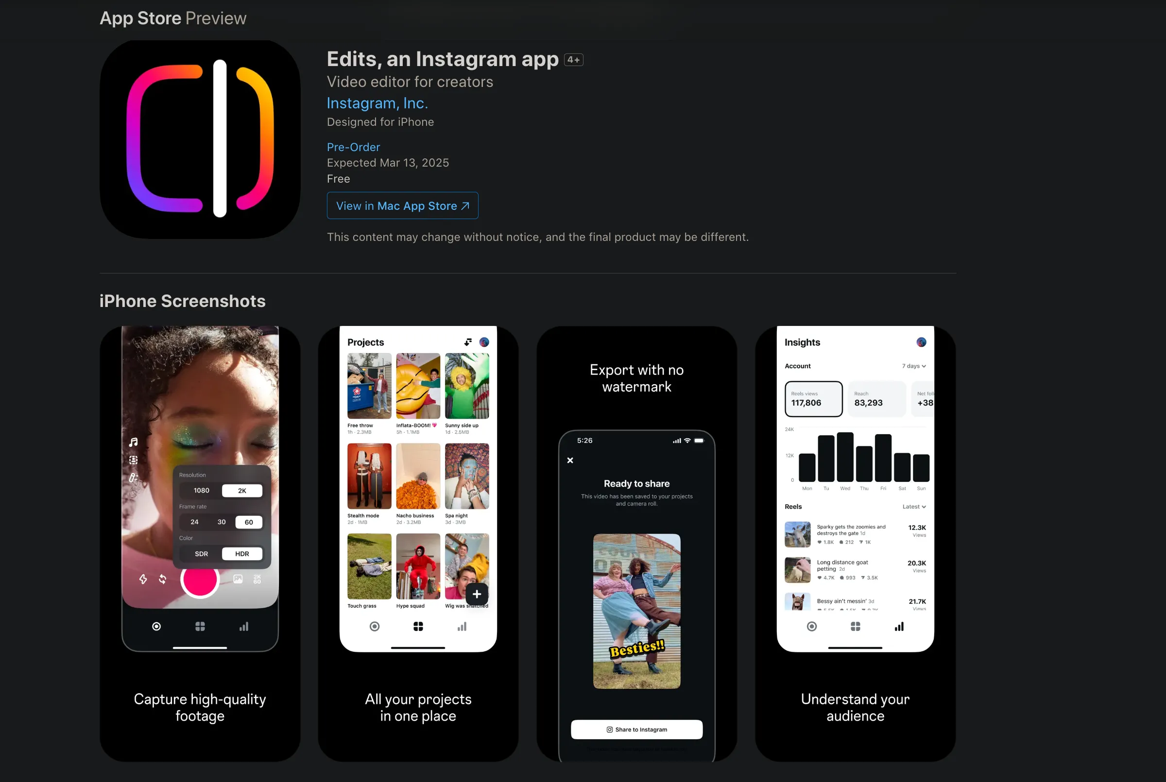 Giao diện xem trước ứng dụng Edits trên App Store
