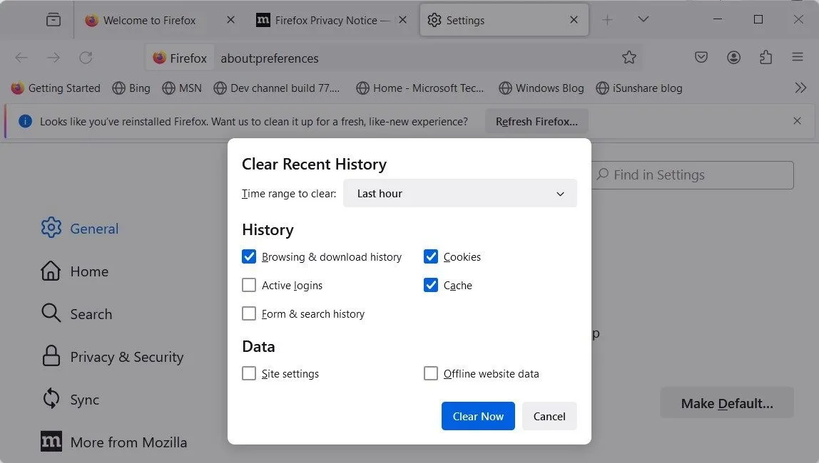Giao diện xóa lịch sử duyệt web và cookie trên Mozilla Firefox