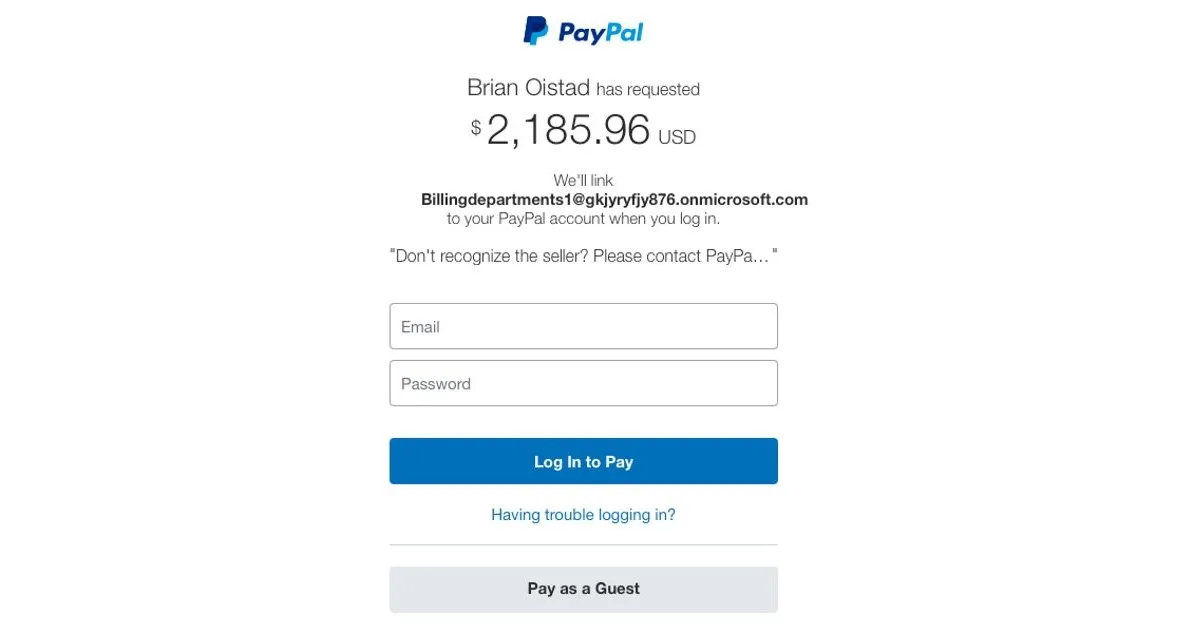 Giao diện yêu cầu liên kết tài khoản PayPal của chiêu lừa đảo mới, hiển thị số tiền 2185 USD.