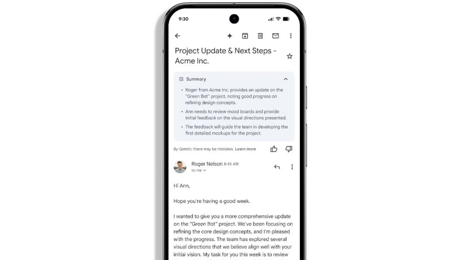 Gmail hiển thị tóm tắt email bằng AI Gemini trên điện thoại thông minh