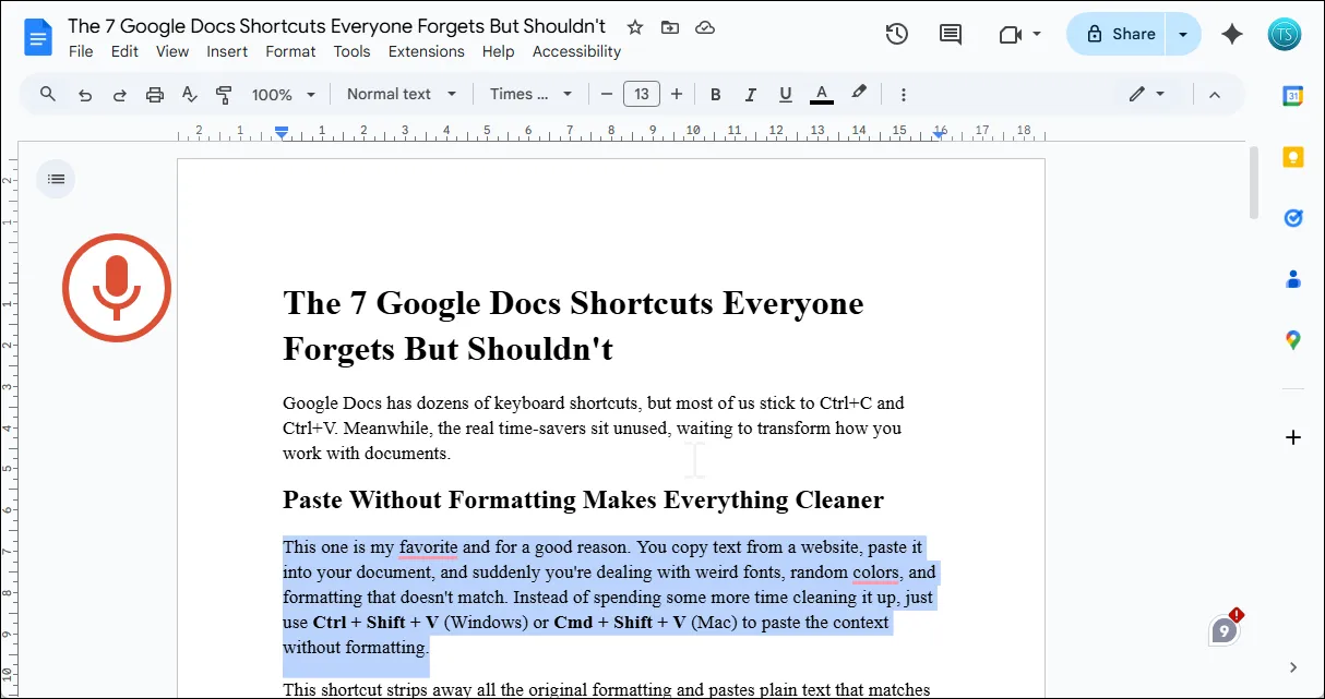 Gõ văn bản bằng giọng nói trong Google Docs đang hoạt động