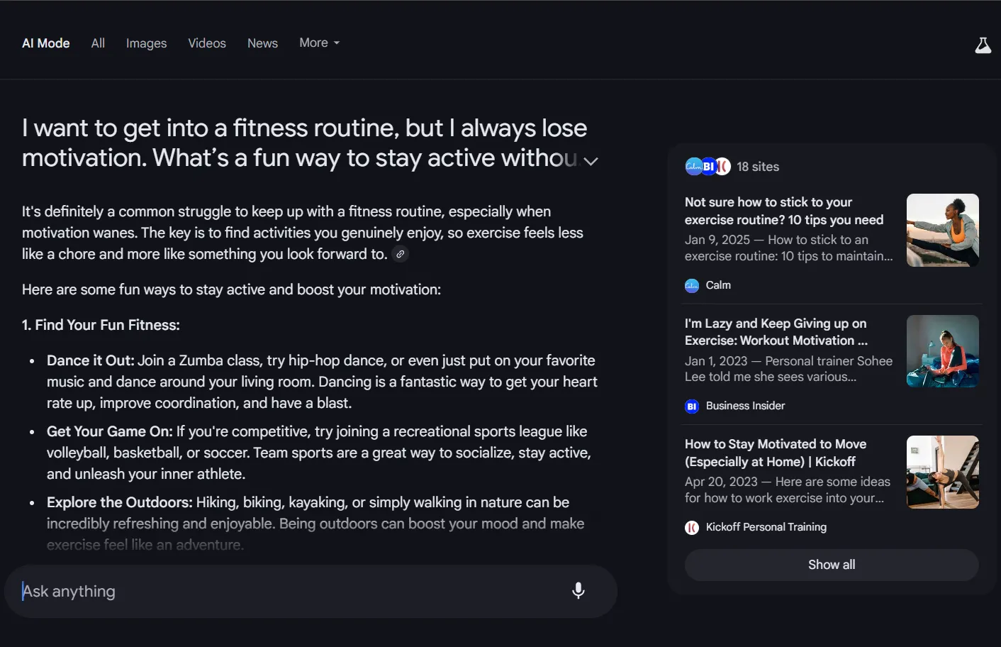 Google AI Mode cung cấp lời khuyên