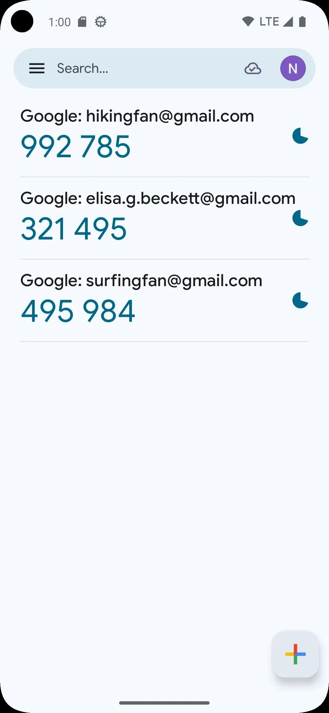 Google Authenticator hiển thị các mã xác thực một lần trên điện thoại Android