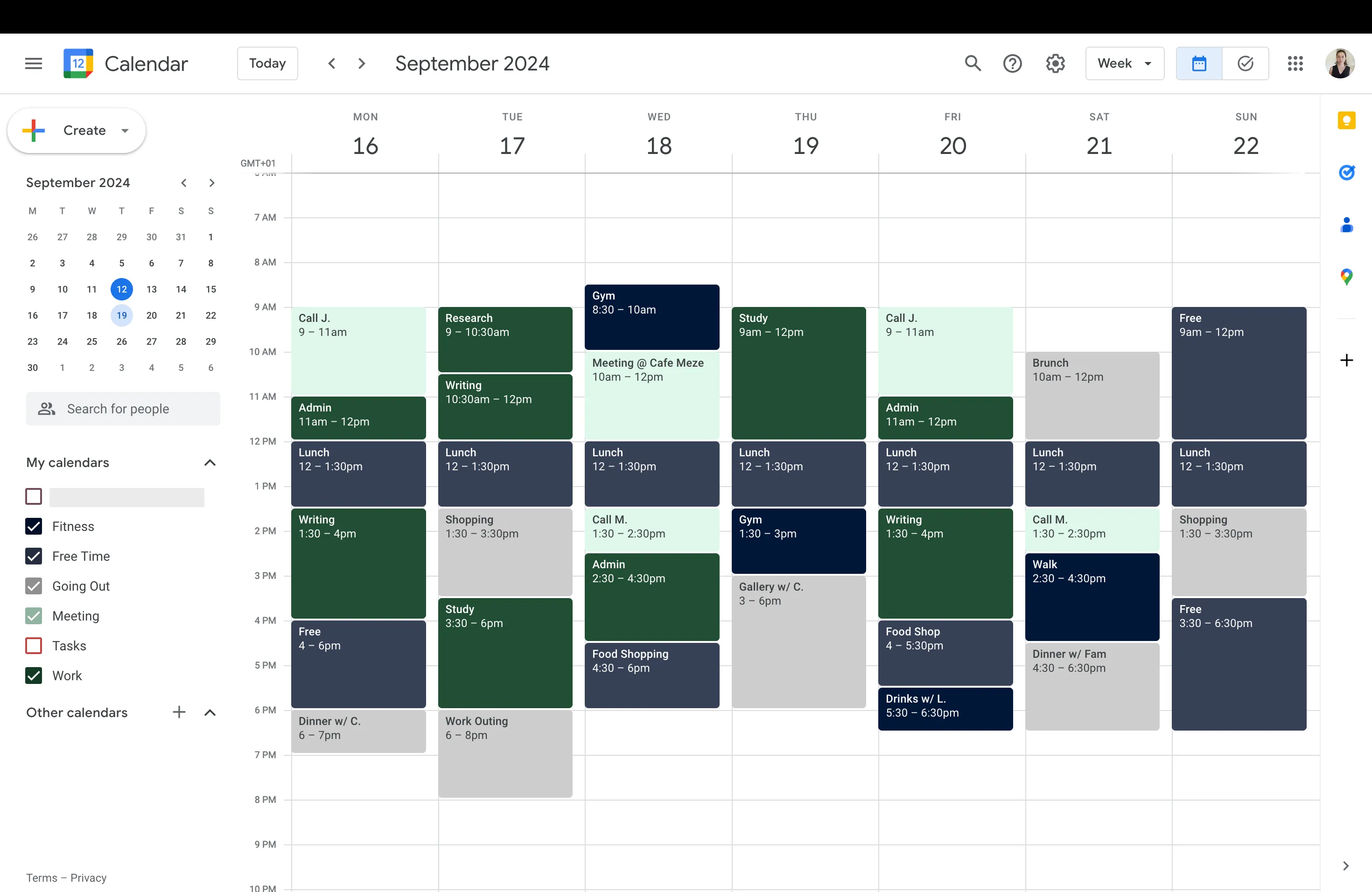 Google Calendar với giao diện màu tối tùy chỉnh theo tông màu tối học thuật