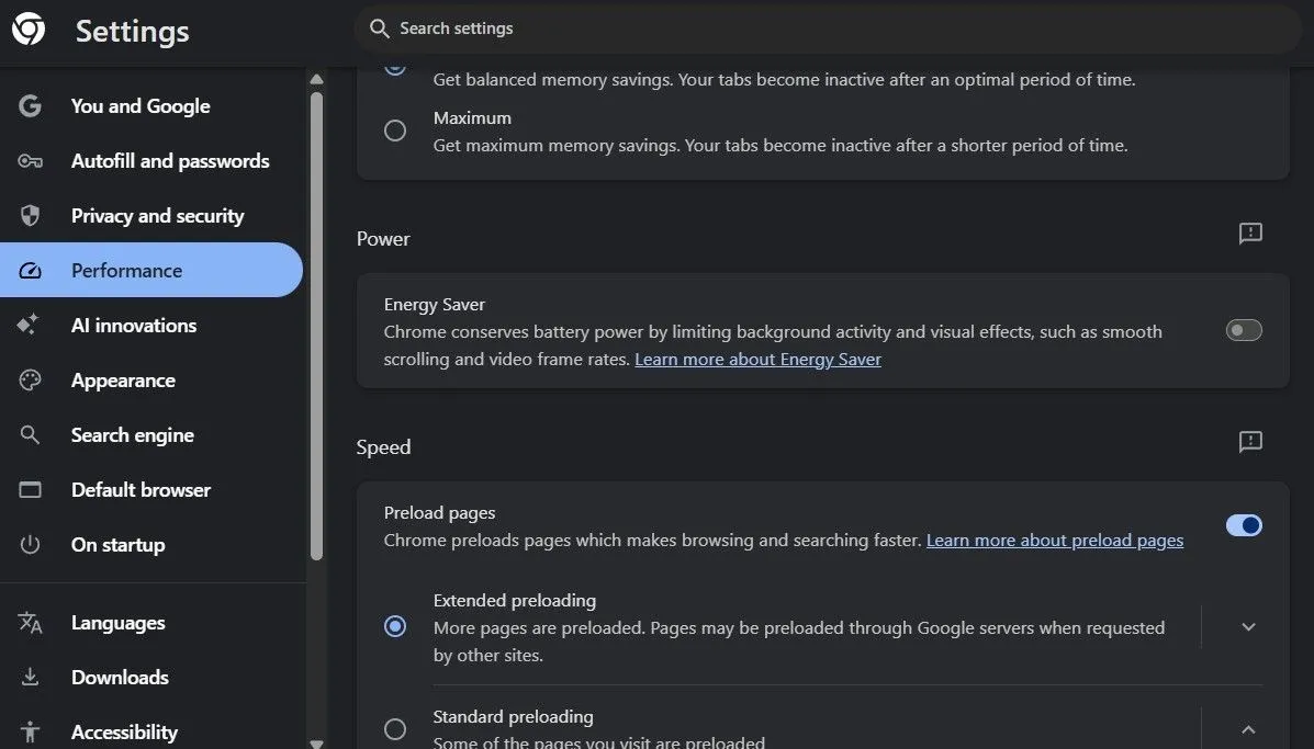 Google Chrome hiển thị tùy chọn chế độ tiết kiệm năng lượng đã tắt