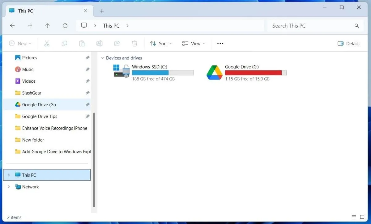 Google Drive được tích hợp và hiển thị trong File Explorer của Windows 11, minh họa khả năng truy cập ổ đĩa