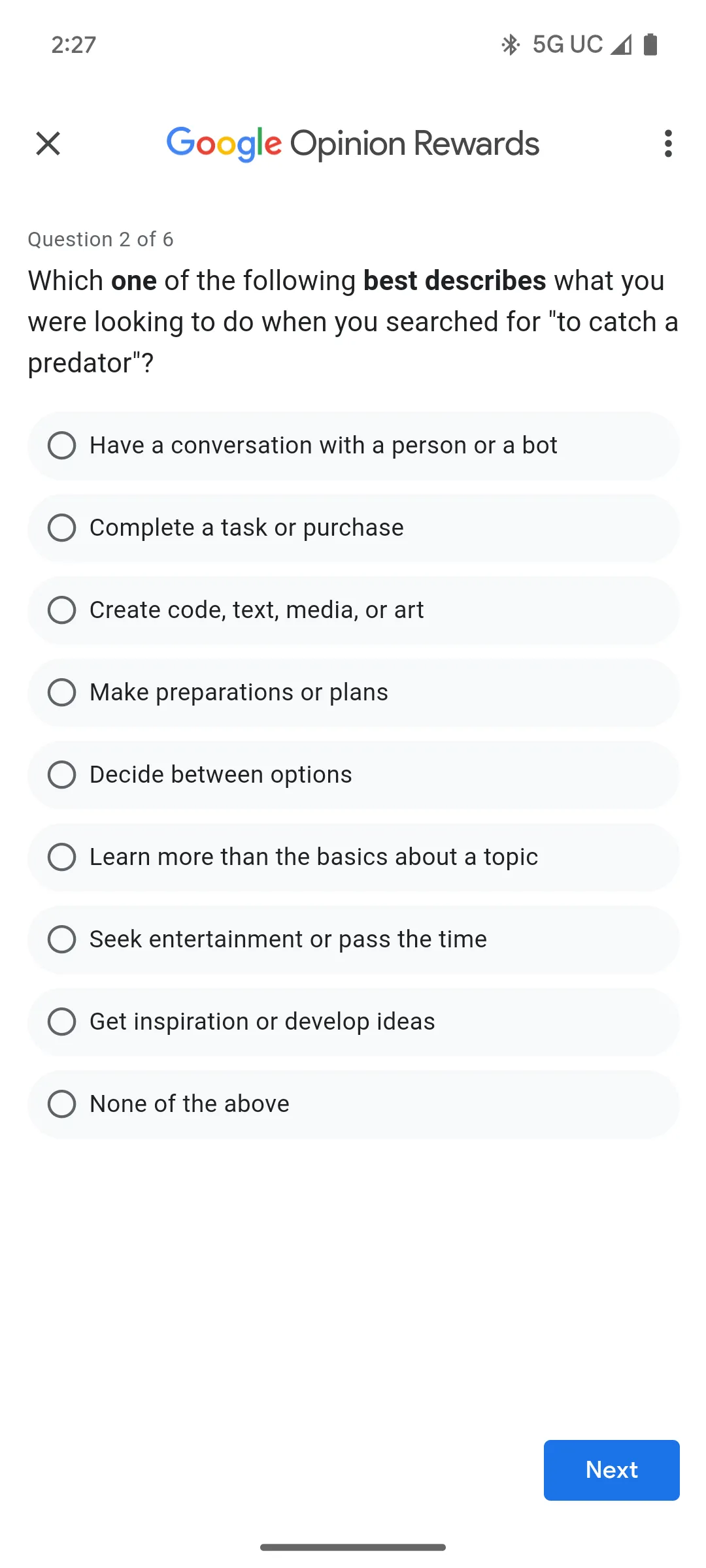 Google Opinion Rewards hiển thị một câu hỏi trắc nghiệm với nhiều lựa chọn