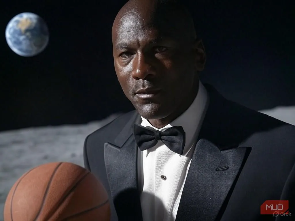 Grok AI] Hình ảnh Michael Jordan chơi bóng rổ trên Mặt Trăng trong bộ tuxedo do AI Grok tạo ra