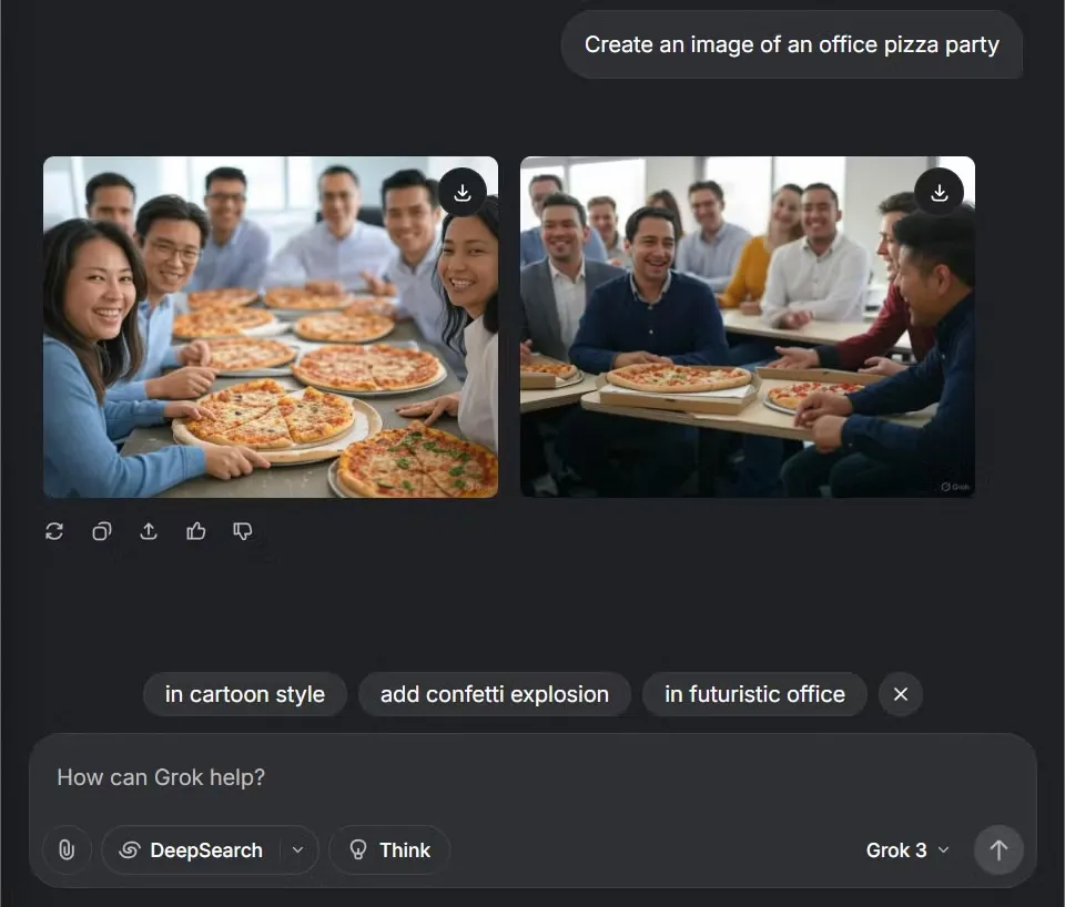 Grok Aurora tạo hình ảnh ví dụ bữa tiệc pizza