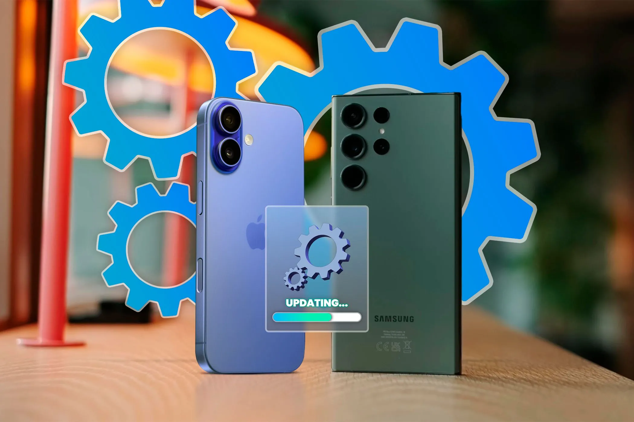 Hai chiếc điện thoại iPhone và Samsung Galaxy đặt cạnh nhau với biểu tượng bánh răng và cập nhật, tượng trưng cho quá trình xử lý dữ liệu ngầm.