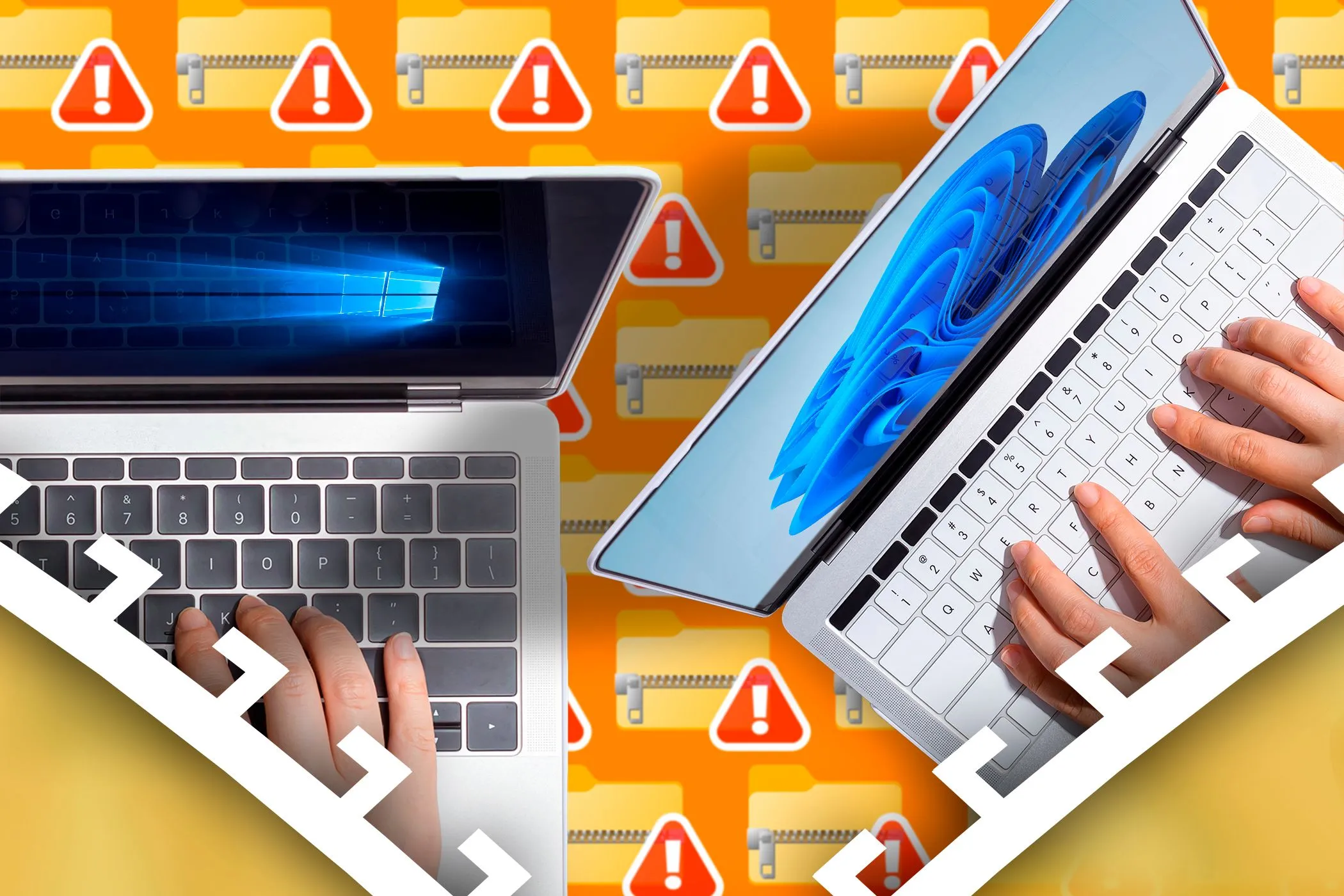 Hai máy tính xách tay chạy Windows 10 và Windows 11, với nhiều biểu tượng tệp ZIP và cảnh báo lỗi ở nền, minh họa rủi ro mất dữ liệu sao lưu.