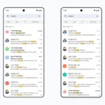 Hai thiết bị di động minh họa tính năng tìm kiếm 'Phù hợp nhất' do AI hỗ trợ trong Gmail, cho thấy sự cải thiện kết quả trước và sau khi áp dụng.