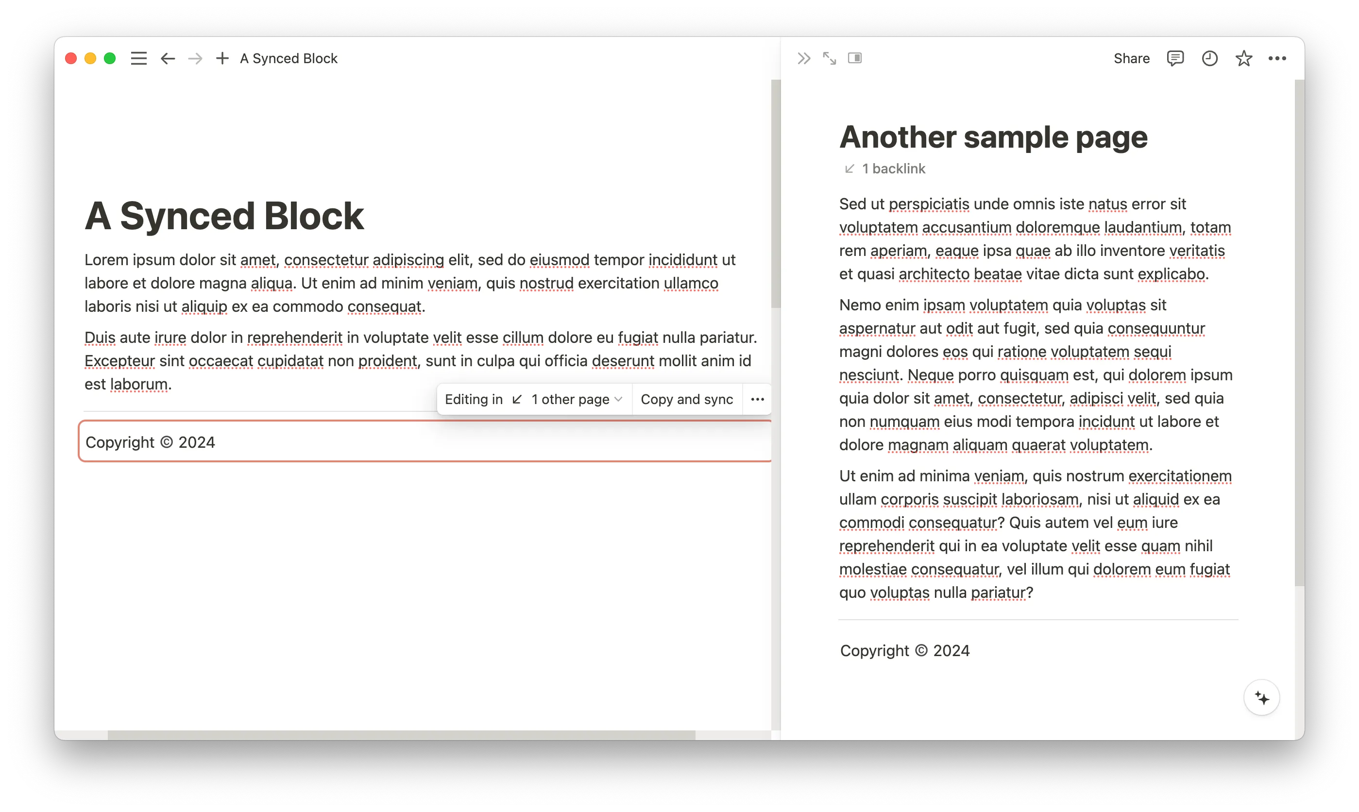 Hai trang Notion minh họa khối synced block, một tính năng linh hoạt cho phép đồng bộ nội dung giữa các trang khác nhau trong không gian làm việc của bạn.