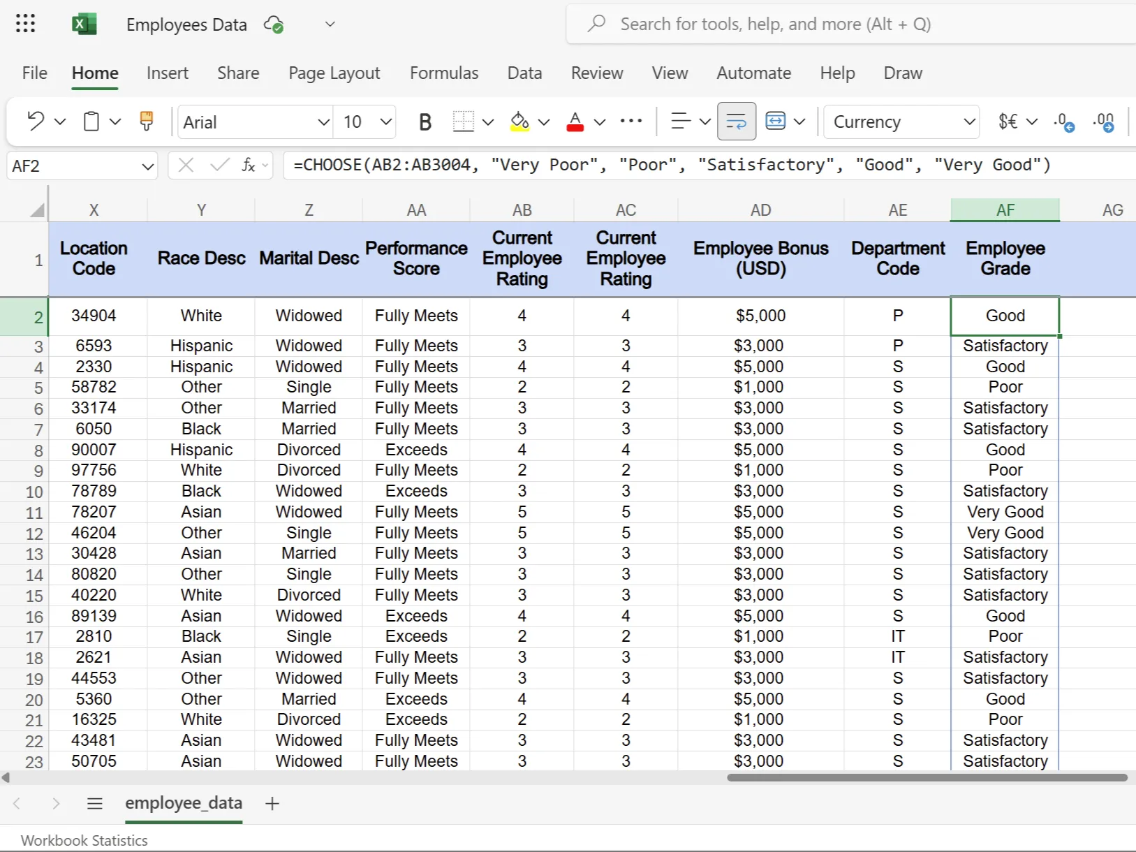 Hàm CHOOSE trong Excel hiển thị điểm đánh giá của nhân viên
