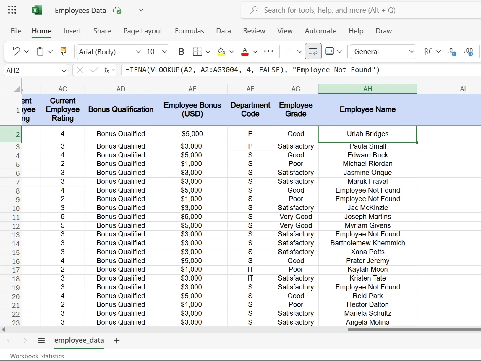Hàm IFNA trong Excel hiển thị nhân viên không tìm thấy trong danh sách