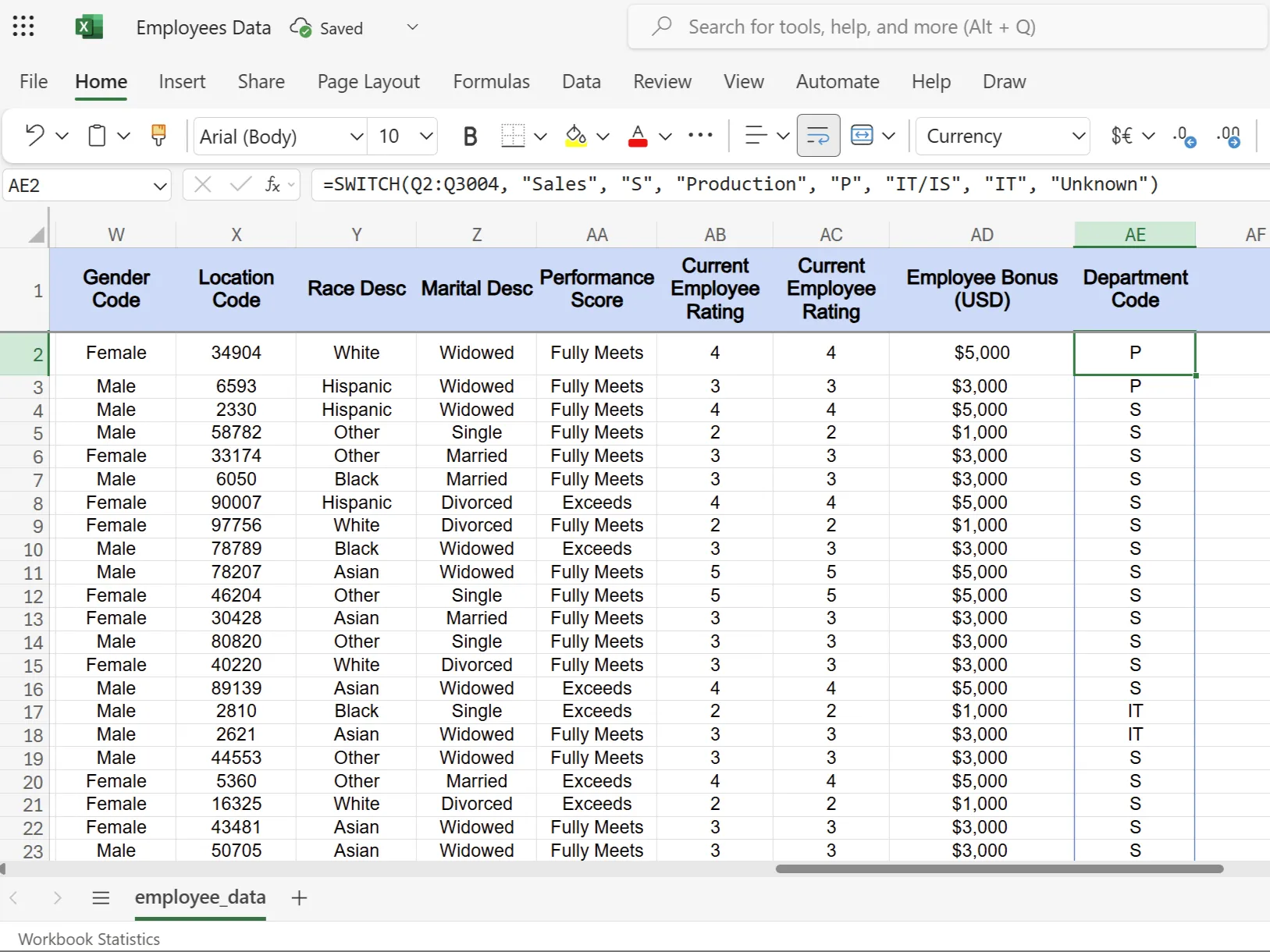 Hàm SWITCH trong Excel hiển thị mã bộ phận