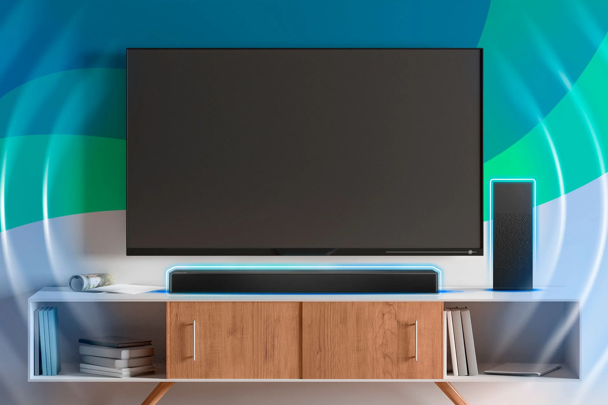 Hệ thống TV và soundbar trong phòng khách hiện đại.