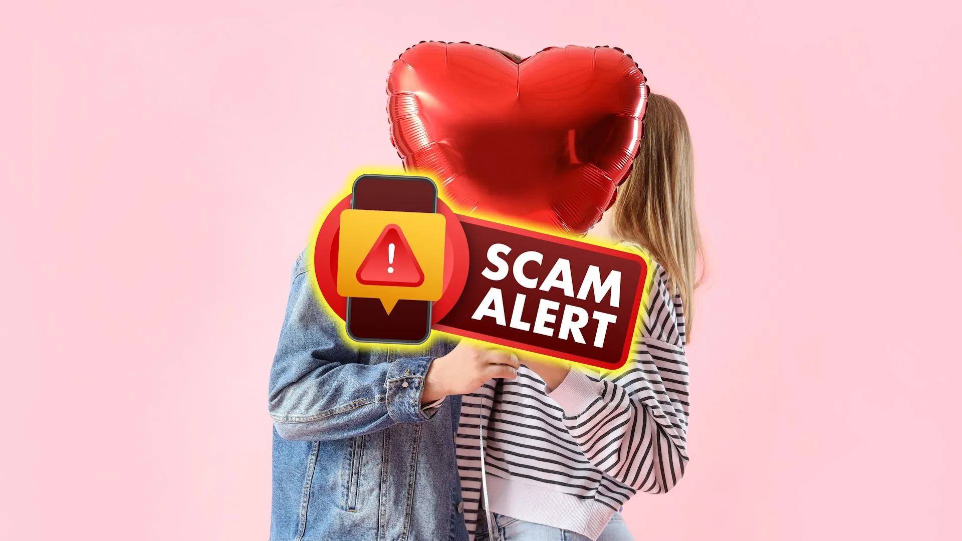 Hình ảnh ẩn dụ về một cặp đôi phía sau bong bóng hình trái tim với biển báo &quot;Scam Alert&quot;, cảnh báo nguy cơ lừa đảo tình cảm được hỗ trợ bởi AI.