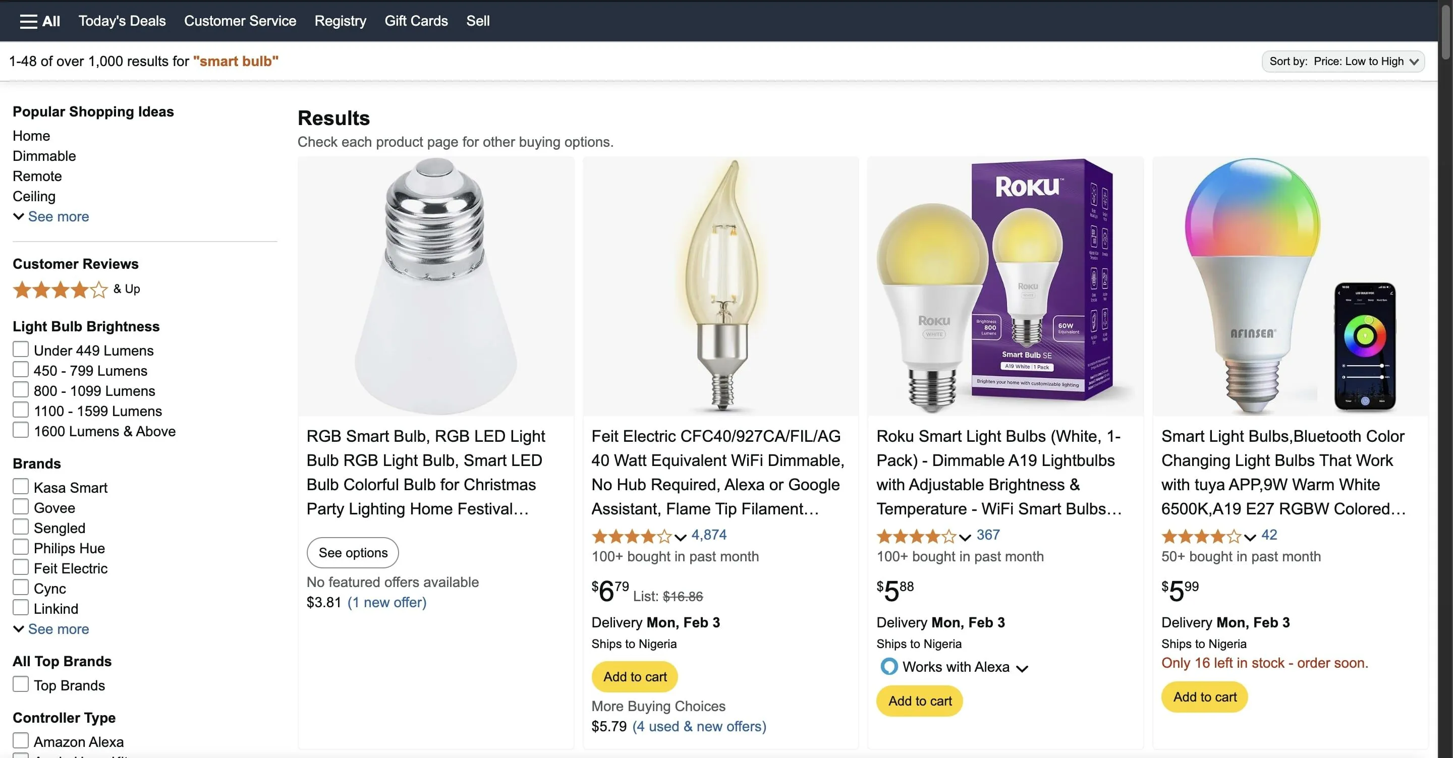 Hình ảnh chụp màn hình hiển thị giá bóng đèn thông minh giá rẻ trên Amazon, minh họa sự hấp dẫn về chi phí.