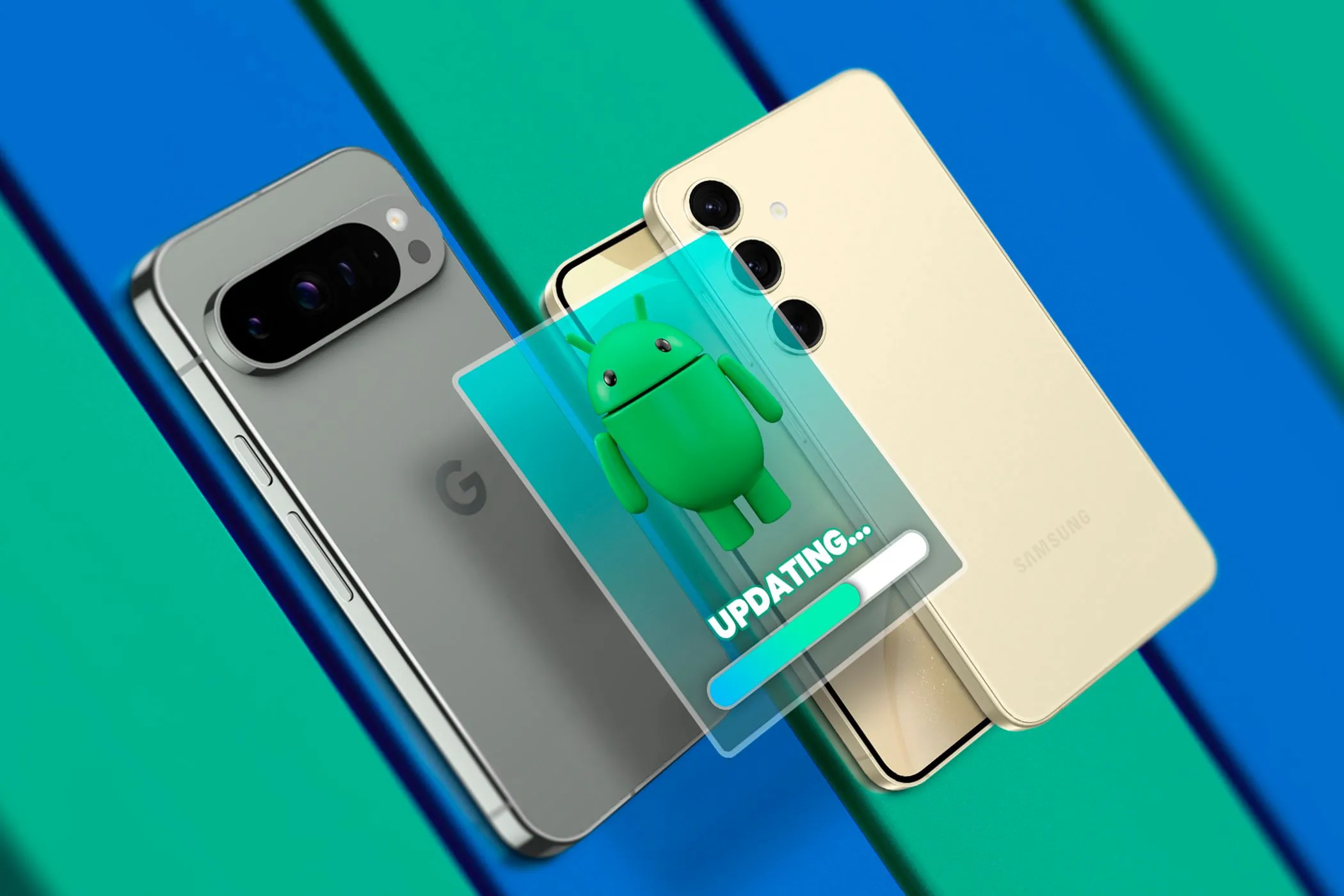 Hình ảnh điện thoại Google Pixel và Samsung Galaxy cùng biểu tượng cập nhật Android, thể hiện sự cần thiết của việc cập nhật phần mềm và hệ điều hành để bảo mật