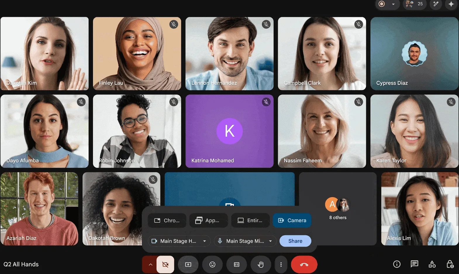 Hình ảnh giao diện Google Meet cho phép chọn nguồn cấp dữ liệu từ camera bên ngoài để trình chiếu nội dung trực tiếp, hiển thị tùy chọn "Present from camera"