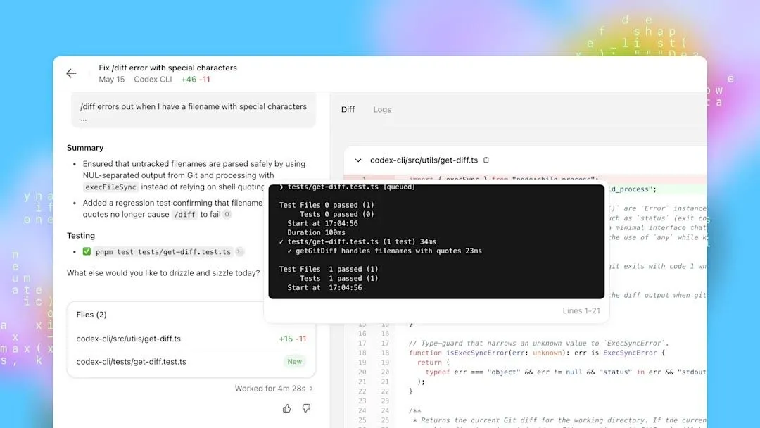 Hình ảnh giao diện OpenAI Codex đang chạy thử nghiệm code, minh họa tính năng hỗ trợ lập trình của ChatGPT.