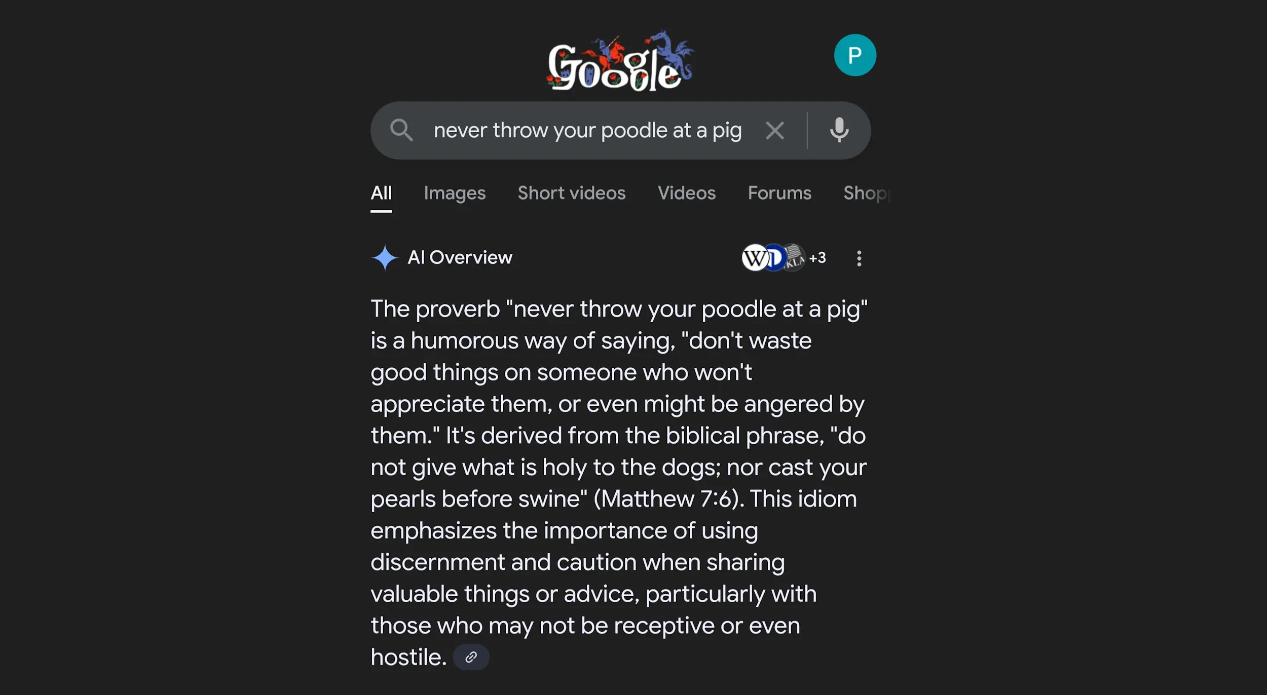 Hình ảnh Google AI Overview đưa ra lời giải thích sai lệch và trích dẫn giả mạo cho câu &quot;Never throw your poodle at a pig.&quot;