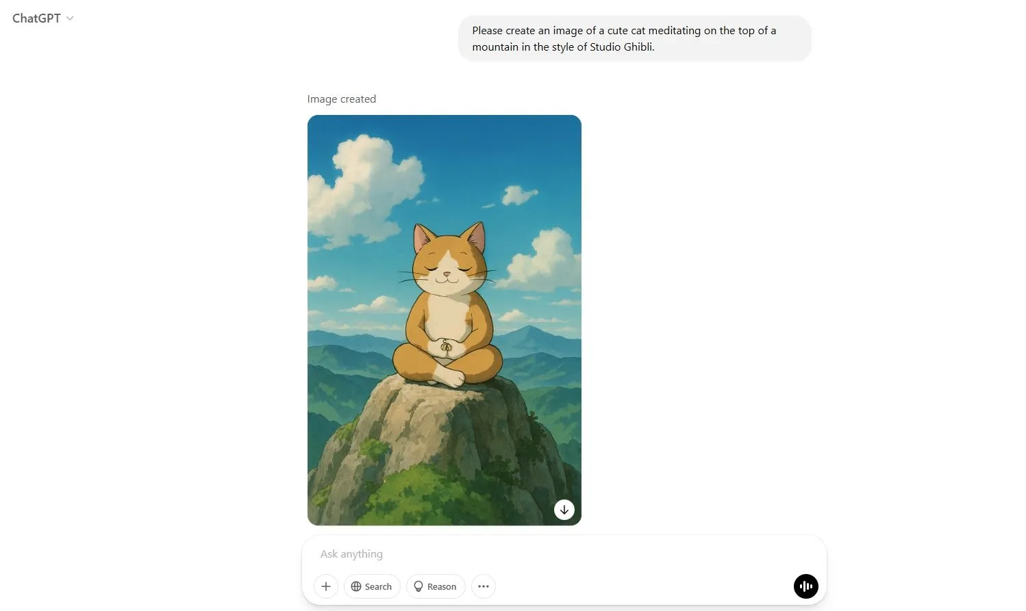 Hình ảnh mèo thiền được tạo bởi ChatGPT GPT-4o theo phong cách Studio Ghibli