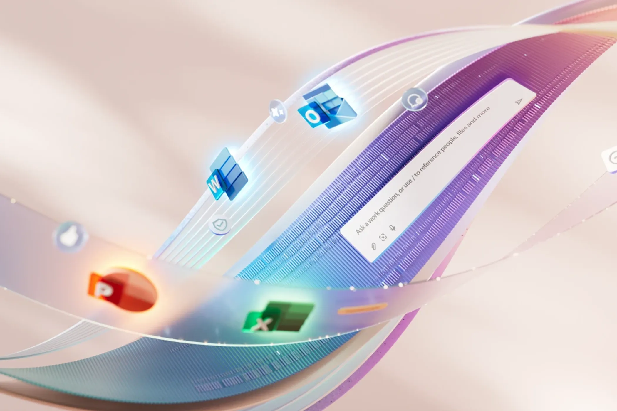 Hình ảnh minh họa các ứng dụng Microsoft 365 và cửa sổ trò chuyện Copilot trong môi trường không gian mạng.