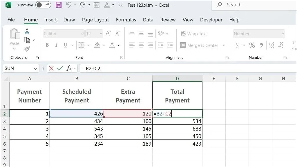 Hình ảnh minh họa công thức tính tổng cơ bản trong bảng tính Excel, thể hiện cách nhập và sử dụng công thức.