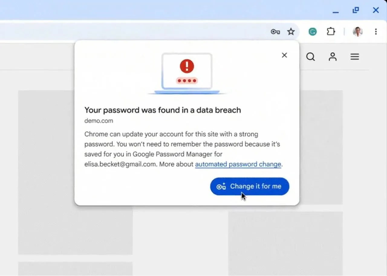 Hình ảnh minh họa tính năng tự động thay đổi mật khẩu trên Google Chrome.