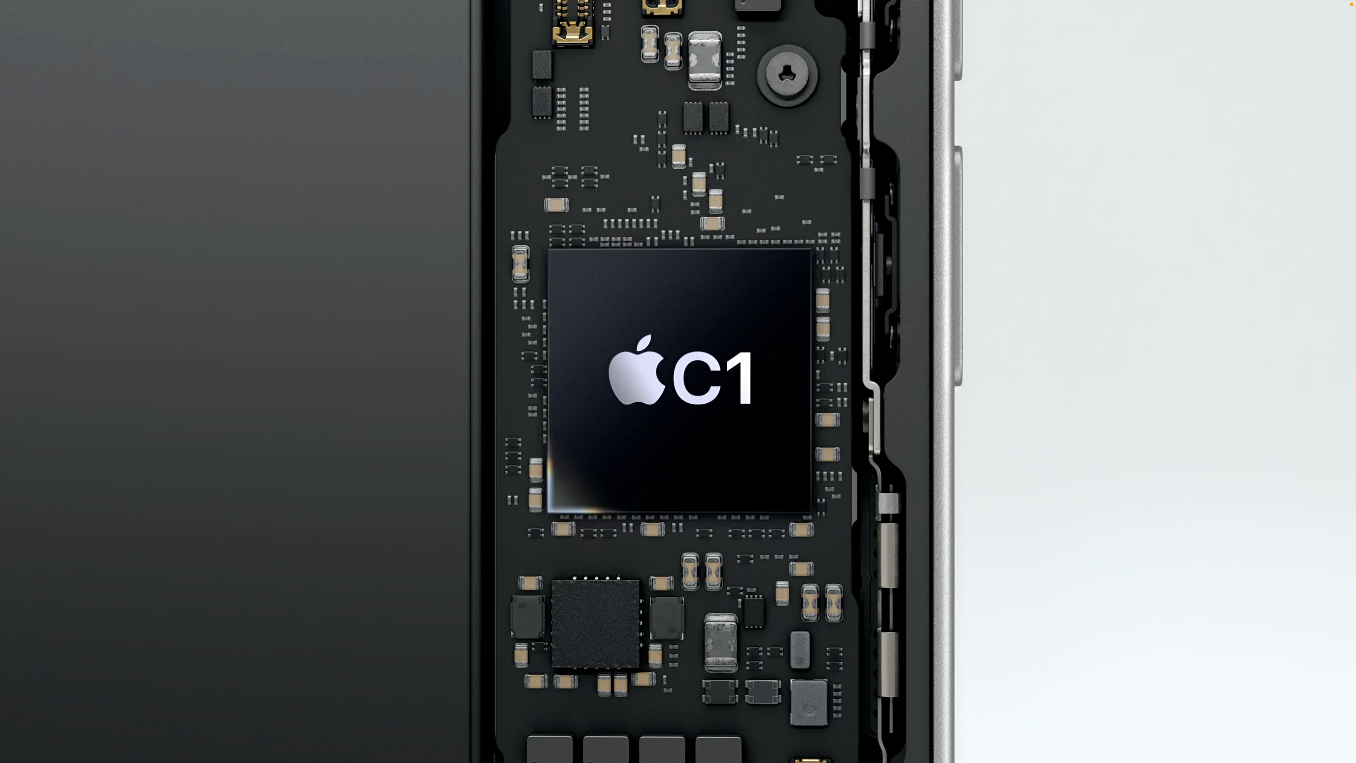 Hình ảnh mô phỏng chip Apple C1, modem tự phát triển đầu tiên của Apple, thể hiện sự phức tạp của linh kiện này