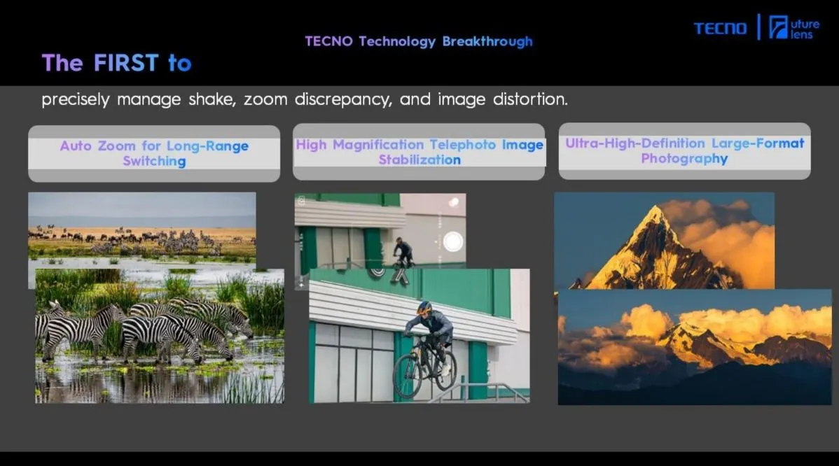 Hình ảnh mô tả tính năng Tap Any Zoom của ống kính tele lăng kính kép trên smartphone Tecno, cho phép zoom vào bất kỳ điểm nào.