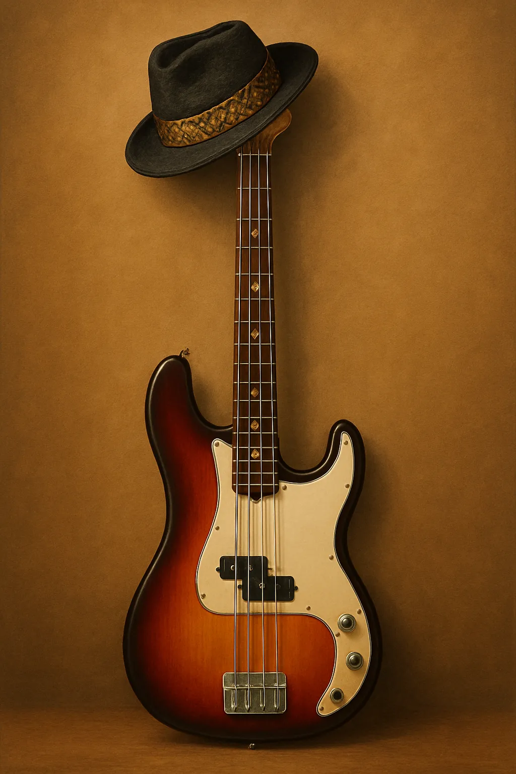 Hình ảnh một cây đàn guitar bass và chiếc mũ phớt đen, ý tưởng bìa sách được tạo bởi AI.