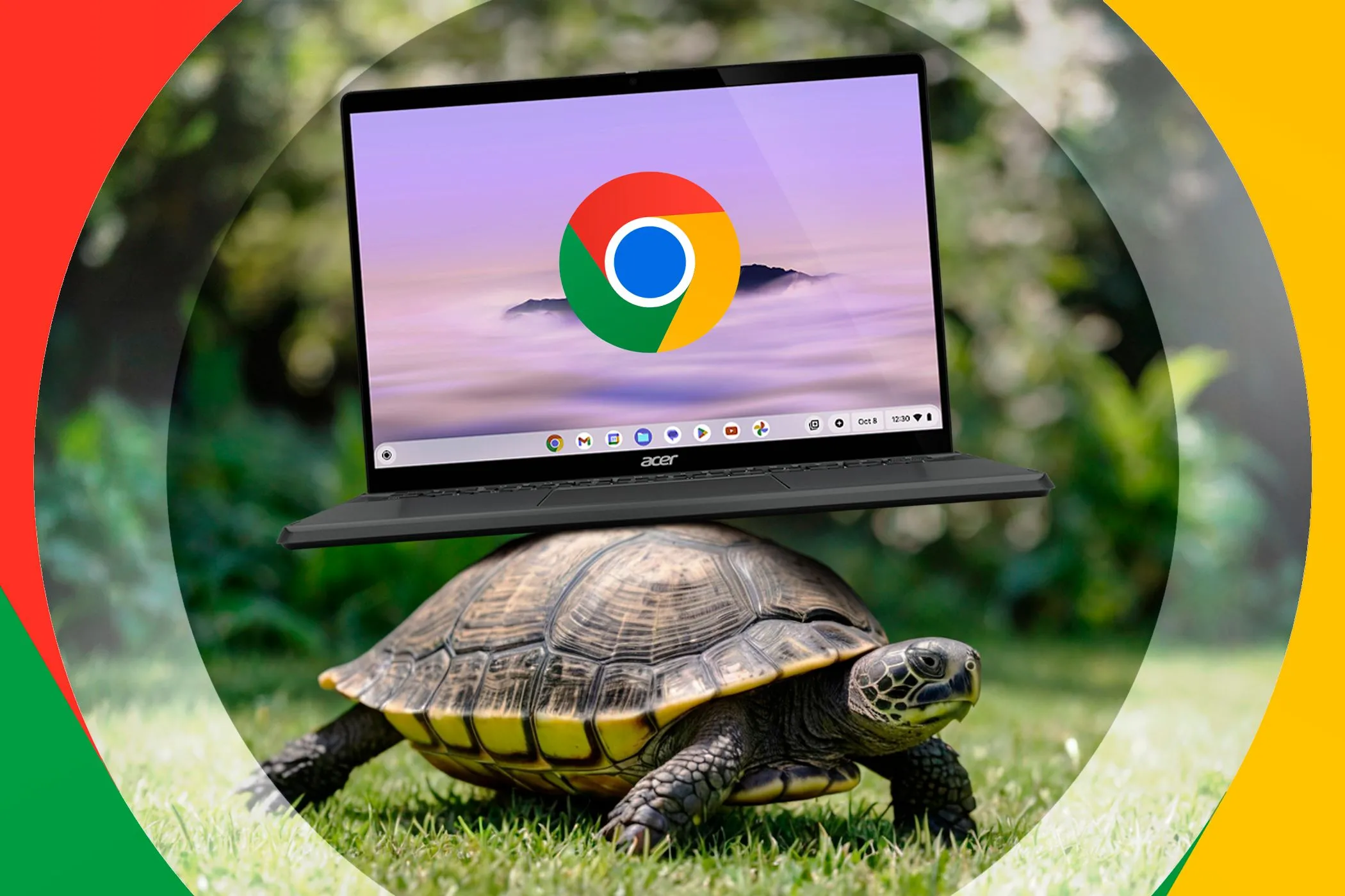 Hình ảnh một chú rùa cõng chiếc Chromebook trên lưng tượng trưng cho hiệu năng chậm chạp khi xử lý tác vụ nặng