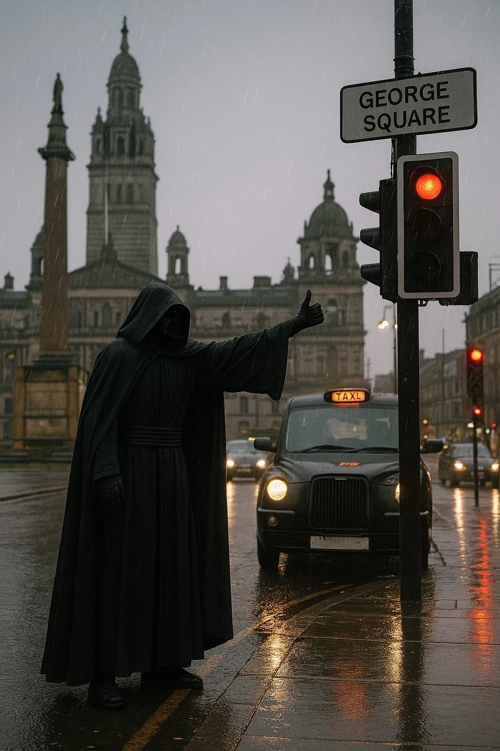 Hình ảnh một nhân vật bí ẩn giống Chúa Tể Sith đứng ở Glasgow, do ChatGPT 4o tạo ra với bầu không khí ấn tượng