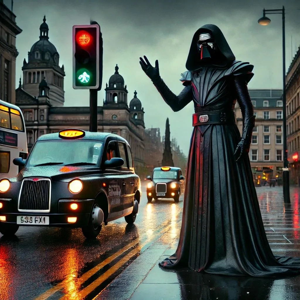 Hình ảnh một nhân vật bí ẩn giống Chúa Tể Sith đứng ở Quảng trường George, Glasgow do DALL-E tạo ra