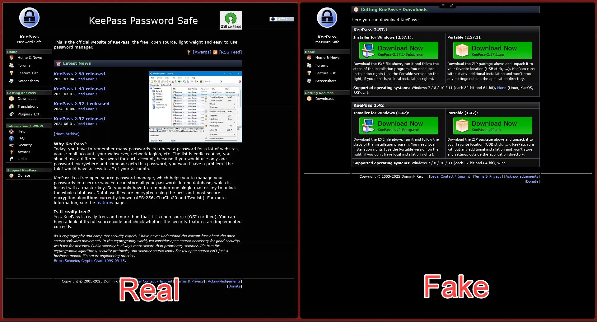 Hình ảnh so sánh giao diện website KeePass chính thức và website giả mạo lừa đảo người dùng