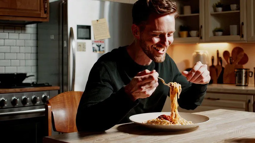 Hình ảnh tĩnh từ video Sora AI cho thấy một người đàn ông đang ăn mì spaghetti một cách thiếu tự nhiên, minh họa khó khăn của Sora trong việc tái tạo hành động cơ bản.