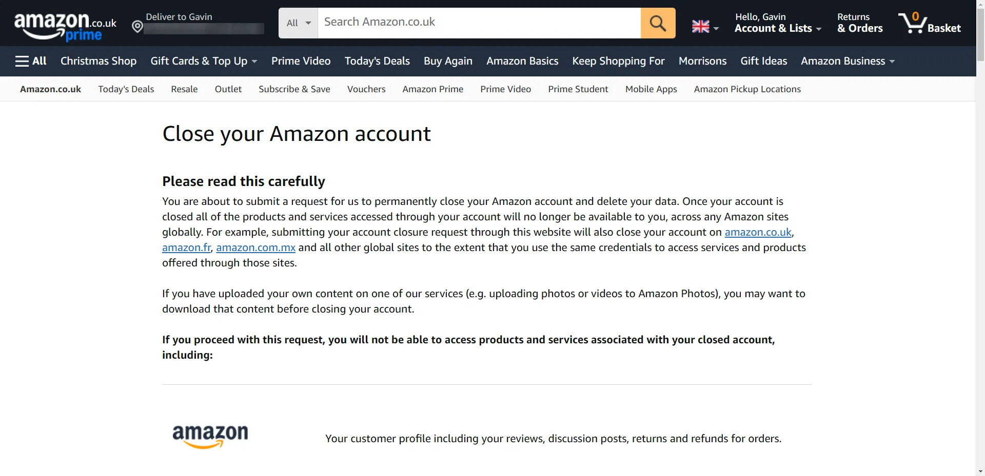 Hình ảnh trang đóng tài khoản Amazon minh họa việc hủy kích hoạt tài khoản khi có rò rỉ dữ liệu
