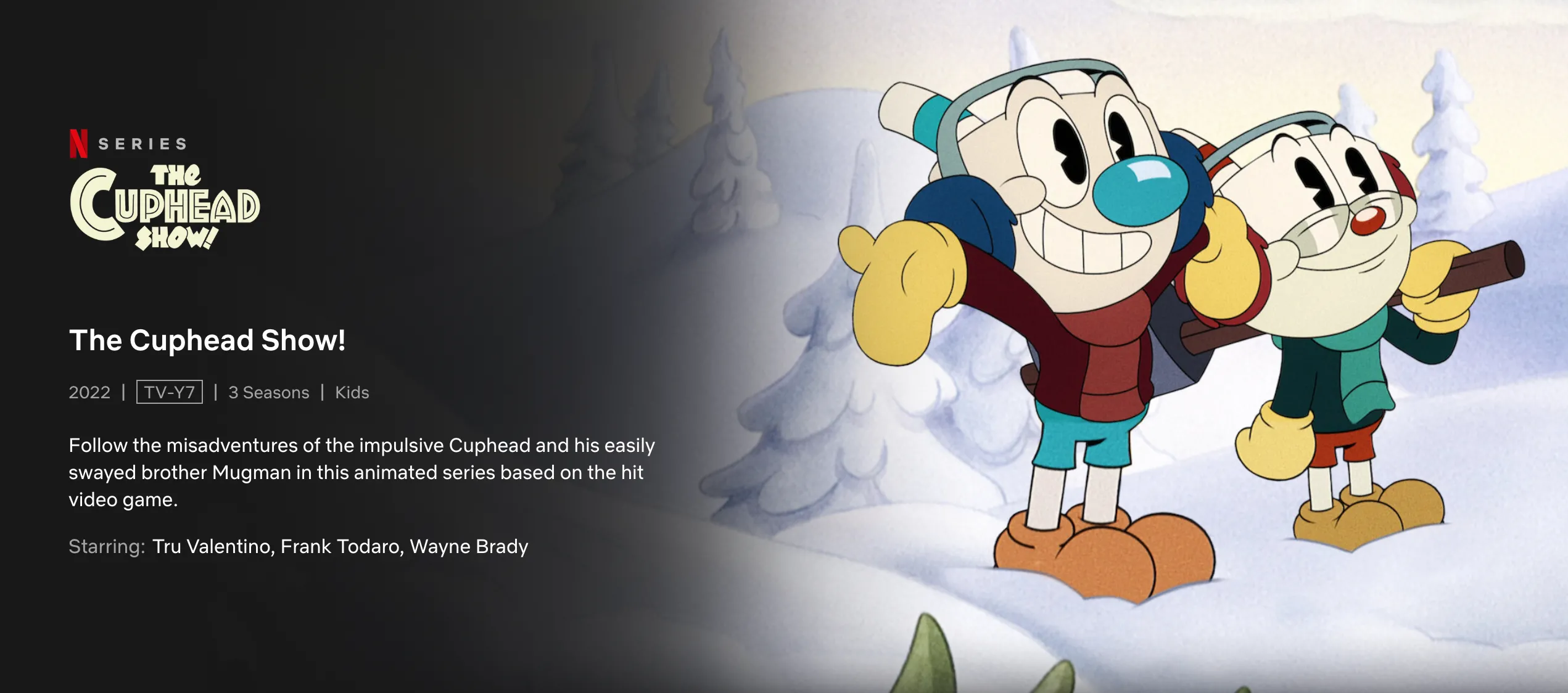 Hình ảnh từ The Cuphead Show trên Netflix, mô tả các nhân vật hoạt hình Cuphead và Mugman. Loạt phim chuyển thể từ game nổi tiếng, có sẵn trên nền tảng Netflix.